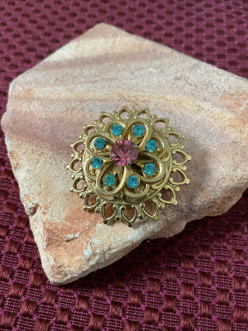 Gold Floral Brooch with Pink Center and Blue Accents 1960’s